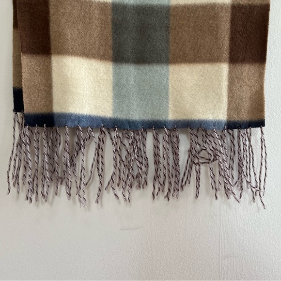 Royal Rossi Plaid Mongolian Cashmere Fringe Scarf Blue Brown Cream - Picture 5 of 7